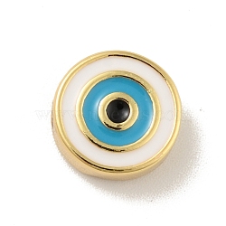 Brass Beads, with Enamel, Cadmium Free & Lead Free, Long-Lasting Plated, Flat Round with Evil Eye, Real 18K Gold Plated , White, 10x4mm, Hole: 1.2mm(KK-B059-36G-D)