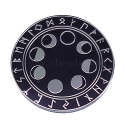 Viking Rune Moon Phase Enamel Pins, Brass Brooches for Men, Flat Round, Platinum, 30mm(PW-WG47943-01)