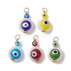 Lampwork & Glass Seed Beaded Pendant, with Jump Rings, Evil Eye Charms, Mixed Color, 20.5x11x7.5mm, Hole: 3mm(PALLOY-MZ00182)