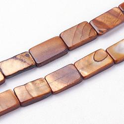 Natural Freshwater Shell Beads Strands, Dyed, Rectangle, Saddle Brown, 13~14x7.5~10x3mm, Hole: 0.5mm, about 30pcs/strand, 15.9 inch~16 inch(40.4~40.7cm)(BSHE-L036-25)