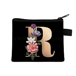 Initial Letter with Flower Cosmetic Bag, Polyester Wallets with Zipper, Black Change Purse, Clutch Bag for Women, Letter R, 11x13.5cm(PW-WG1F7F6-15)