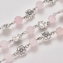 Handmade Natural Frosted Rose Quartz Beaded Chains, Unwelded, with Iron Eye Pin and Tibetan Style Links, Plum Blossom, Antique Silver & Platinum, 18x10x2mm, 39.37 inch(1m)/strand(AJEW-JB00514)