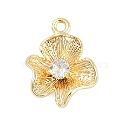 Rack Plating Brass with Cubic Zirconia Pendants, Flower Charms, Real 18K Gold Plated, 14x11x3mm, Hole: 1.2mm(KK-Q018-01G)