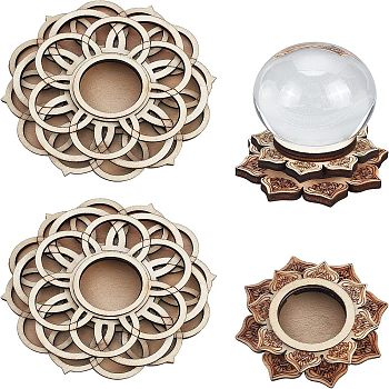 Olycraft 4Pcs 2Style 3D Basswood Sphere Holder Crystal Stand, Quartz Bracket Home Ornaments Decoration, Lotus, Sandy Brown, 80~100x80~100x22~28mm