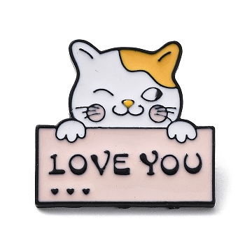 Cute Cat Enamel Pins, Black Alloy Brooch for Women, Valentine's Day Theme, Word, 27x28.5x1.5mm