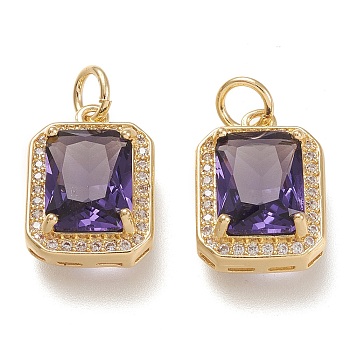 Brass Glass Charms, with Micro Pave Clear Cubic Zirconia and Jump Ring, Rectangle, Real 18K Gold Plated, Indigo, 14.5x10.5x5mm, Hole: 3.4mm
