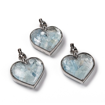 Glass Bottle Pendants, with Natural Aquamarine Chips and Platinum Plated Alloy Findings, Heart, 40x32.5x11mm, Hole: 8x5mm