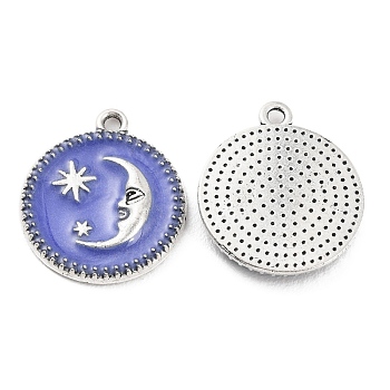 Alloy Enamel Pendants, Platinum, Flat Round with Moon Charm, Royal Blue, 19x16x2.5mm, Hole: 1.2mm