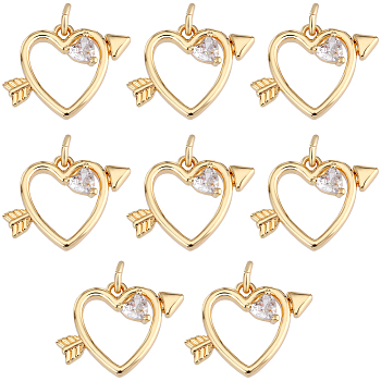 Brass Cubic Zirconia Pendant, with Jump Rings, Long-Lasting Plated, Lead Free & Cadmium Free, Heart, Real 18K Gold Plated, 15x20x4mm, Hole: 3.4mm, 8pcs/box