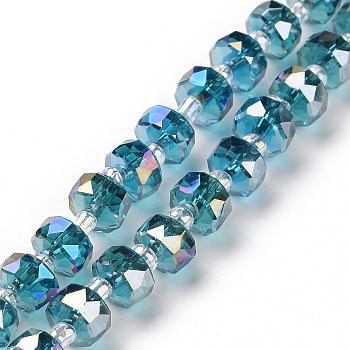 Electroplate Transparent Glass Beads Strands, AB Color Plated, Faceted, Rondelle, Teal, 7.5~8x4.5mm, Hole: 1.2mm, about 80pcs/strand, 22.05''(56cm)