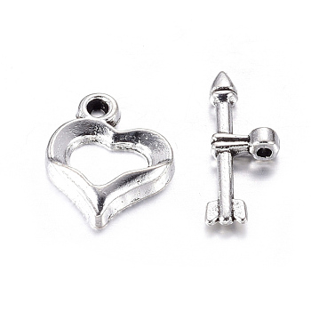 Tibetan Style Alloy Heart Toggle Clasps, Lead Free, Cadmium Free and Nickel Free, Heart, Antique Silver, Heart: about 13mm wide, 16mm long, Bar: about 19mm long, hole: 1mm
