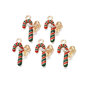 Rack Plating Alloy Enamel Pendants, with Crystal Rhinestone, Cadmium Free & Nickel Free & Lead Free, Light Gold, Christmas Candy Cane, Colorful, 22x14.5x5mm, Hole: 2mm
