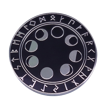 Viking Rune Moon Phase Enamel Pins, Brass Brooches for Men, Flat Round, Platinum, 30mm