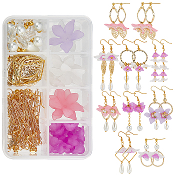 DIY Flower Dangle Earring Making Kits, Including Alloy Pendants & Linking Rings, Acrylic Flower Beads, Glass Beads, Brass Bead Caps & Earring Hooks & Pin, Golden & Light Gold