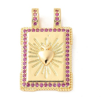 Brass Micro Pave Cubic Zirconia Pendants, Rectangle Charms, Camellia, 29x18x6mm, Hole: 4.5x3mm