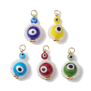 Lampwork & Glass Seed Beaded Pendant, with Jump Rings, Evil Eye Charms, Mixed Color, 20.5x11x7.5mm, Hole: 3mm
