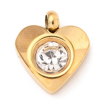 304 Stainless Steel Charms, with Acrylic Rhinestone, Faceted, Birthstone Charms, Heart, Golden, Crystal, 8.2x7.2x3.2mm, Hole: 1mm