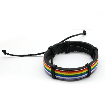 Stripe Pattern Leather Cord Bracelet, Braided Adjustable Bracelet for Men Women, Colorful, 7-1/4 inch(18.5cm)
