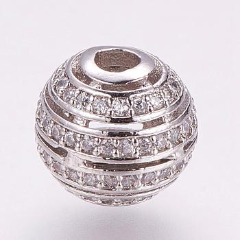 Brass Micro Pave Cubic Zirconia Beads, Round, Platinum, 10x9mm, Hole: 2.5mm