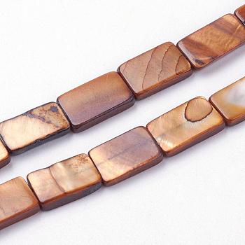 Natural Freshwater Shell Beads Strands, Dyed, Rectangle, Saddle Brown, 13~14x7.5~10x3mm, Hole: 0.5mm, about 30pcs/strand, 15.9 inch~16 inch(40.4~40.7cm)