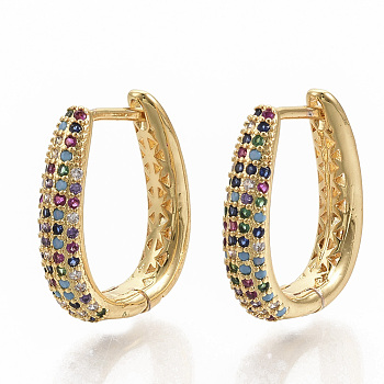 Brass Micro Pave Colorful Cubic Zirconia Hoop Earrings, Real 16K Gold Plated, 20x16.5x4mm, Pin: 1x1.4mm