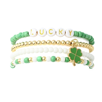 4Pcs 4 Style Word Lucky Acrylic & Glass Seed & Brass Beaded Stretch Bracelets Set, Clover Alloy Enamel Charm Stackable Bracelets for Saint Patrick's Day, Lime Green, Inner Diameter: 2-1/8~2-3/8 inch(5.5~6cm), 1Pc/style