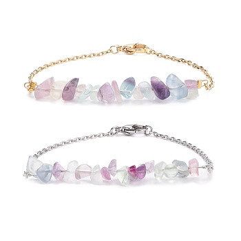 2Pcs 2 Color Natural Fluorite Chip Beaded Link Bracelets Set with 304 Stainless Steel Cable Chains, Gemstone Jewelry for Women, 7-1/2 inch(19cm)