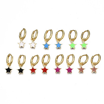 Brass Enamel Huggie Hoop Earrings, Nickel Free, Real 16K Gold Plated, Star, Mixed Color, 20x13mm, Pin: 1mm