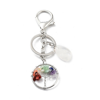Natural Mixed Gemstone Keychain, with Platinum Plated Iron Split Key Rings, Flat Round with Tree of Life, 10.5cm