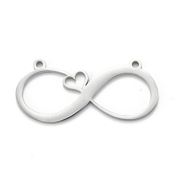 304 Stainless Steel Pendants, Laser Cut, Infinity with Heart, Stainless Steel Color, 17x37x1.4mm, Hole: 1.6mm