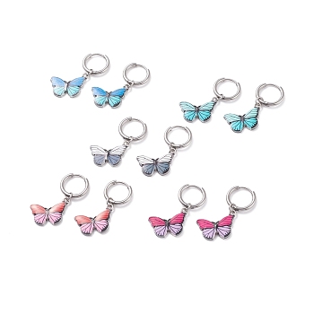 Two Tone Butterfly Dangle Hoop Earrings, Drop Earrings for Women, Stainless Steel Color, Mixed Color, 34mm, Pin: 1mm