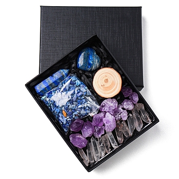 Natural Lapis Lazuli & Quartz Crystal & Amethyst Bullet & Heart & Nugget & Chips Gift Box, Display Decorations, Pocket Worry Stone, Reiki Energy Stone Ornament, with Wood Slice, Package Size: 135x110x30mm