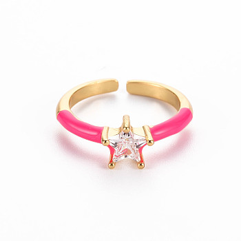 Brass Enamel Cuff Rings, Open Rings, Solitaire Rings, with Clear Cubic Zirconia, Nickel Free, Star, Golden, Deep Pink, US Size 7(17.3mm)