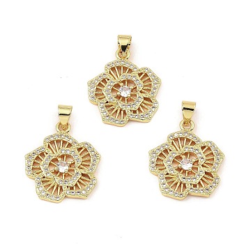 Rack Plating Real 18K Gold Plated Brass Pendants, with Cubic Zirconia, Long-Lasting Plated, Lead Free & Cadmium Free, Flower, Clear, 21.5x18.5x2.5mm, Hole: 3.5x5mm