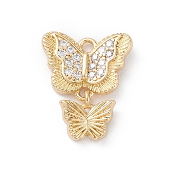 Rack Plating Brass Micro Pave Clear Cubic Zirconia Charms, Double Butterfly Charms, Long-Lasting Plated, Cadmium Free & Lead Free, Real 18K Gold Plated, 15x12.5x2.5mm, Hole: 1.4mm
