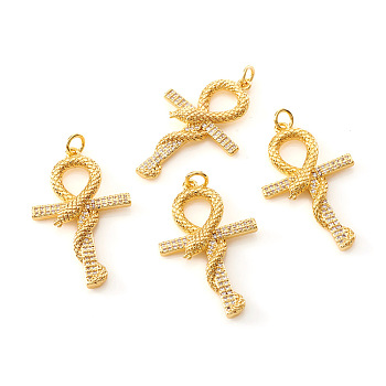 Brass Micro Pave Cubic Zirconia Pendants, with Jump Rings, Cross with Snake, Clear, Real 18K Gold Plated, 34x21x3.5mm, Jump Ring: 5x0.8mm, Hole: 3mm