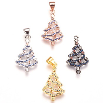 Brass Micro Pave Cubic Zirconia Pendants, Christmas Tree, Colorful, Mixed Color, 23x13x2mm, Hole: 3x5mm