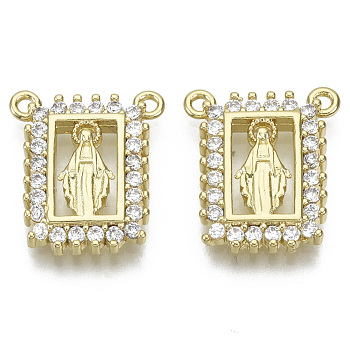 Brass Micro Pave Cubic Zirconia Pendants, Nickel Free, Rectangle with Virgin Mary, Clear, Real 18K Gold Plated, 16x14x2.5mm, Hole: 1.2mm