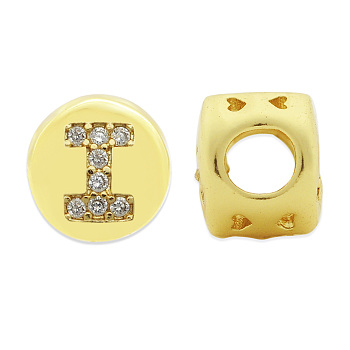 Brass Micro Pave Clear Cubic Zirconia Beads, Flat Round with Letter, Letter.I, 7.5x6.5mm, Hole: 3.5mm, 3pcs/bag