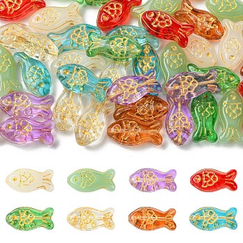 40Pcs 8 Styles Glass Beads, Golden Metal Enlaced, Fish, Mixed Color, 21.5x10.5x7mm, Hole: 1mm, 5pcs/style