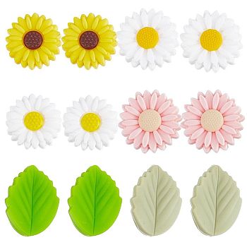 12Pcs 6 Style Food Grade Eco-Friendly Silicone Beads, Chewing Beads For Teethers, DIY Nursing Necklaces Making, Daisy & Leaf, Mixed Color, 19.5~24.5x19.5~22x7~8.5mm, Hole: 2mm, 2pcs/style
