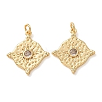 Brass Pave Clear Cubic Zirconia Pendants, Hammered Rhombus Charms, Rack Plating, Long-Lasting Plated, Cadmium Free & Lead Free, Real 18K Gold Plated, 24x21x2mm, Hole: 3mm(CU-CBA2907-11G)