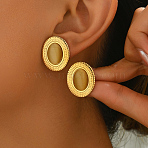 Vintage Stainless Steel with Cat Eye Stud Earrings, Oval, Golden, 23x13mm(YU8989-4)