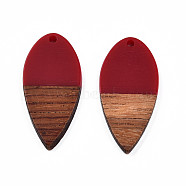 Opaque Resin & Walnut Wood Pendants, Teardrop Shape Charm, Dark Red, 38x18x3mm, Hole: 2mm(RESI-N025-031-B04)