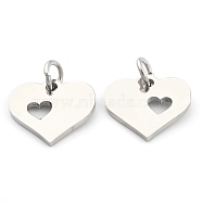 304 Stainless Steel Pendants, Heart with Heart, Stainless Steel Color, 12x12.5x1mm, Hole: 3mm(STAS-Q201-T457S)