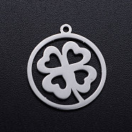 201 Stainless Steel Pendants, Flat Round with Four Leaf Clover, Stainless Steel Color, 22x20x1mm, Hole: 1.4mm(STAS-T046-JN259-1)