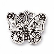 Tibetan Style Alloy Pendants, Butterfly with Skull Charm, Antique Silver, 20.5x23x4mm, Hole: 1.2mm(FIND-A021-05AS)