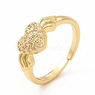 Cubic Zirconia Heart with Wing Open Cuff Ring, Real 18K Gold Plated Brass Jewelry for Women, Cadmium Free & Lead Free, Clear, Inner Diameter: 17mm(RJEW-G281-03G)