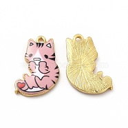 Rack Plating Alloy Pendants, Printed, Lead Free & Cadmium Free & Nickel Free, Cat Charm, Light Gold, Pink, 21x14x2.5mm, Hole: 1.8mm(FIND-H043-06LG-04)