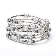 Fashion Wrap Bracelets, with Rondelle Glass Beads, Tibetan Style Bead Caps, Brass Tube Beads and Steel Memory Wire, Clear, Inner Diameter: 55mm(BJEW-JB00628-01)